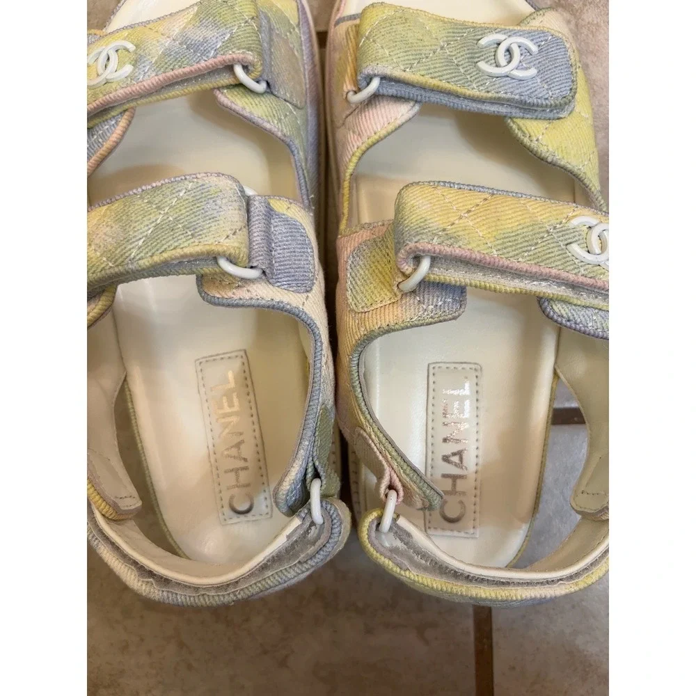 Authentic Chanel Pastel Tie Dye Denim Quilted Dad Sandals G35927 CC Logo 37C